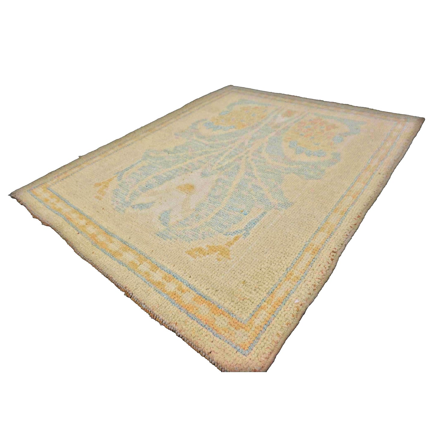 Turkish Donegal Wool & Hemp 3x4 Tan & Light Blue Handmade Throw Rug # 1141549