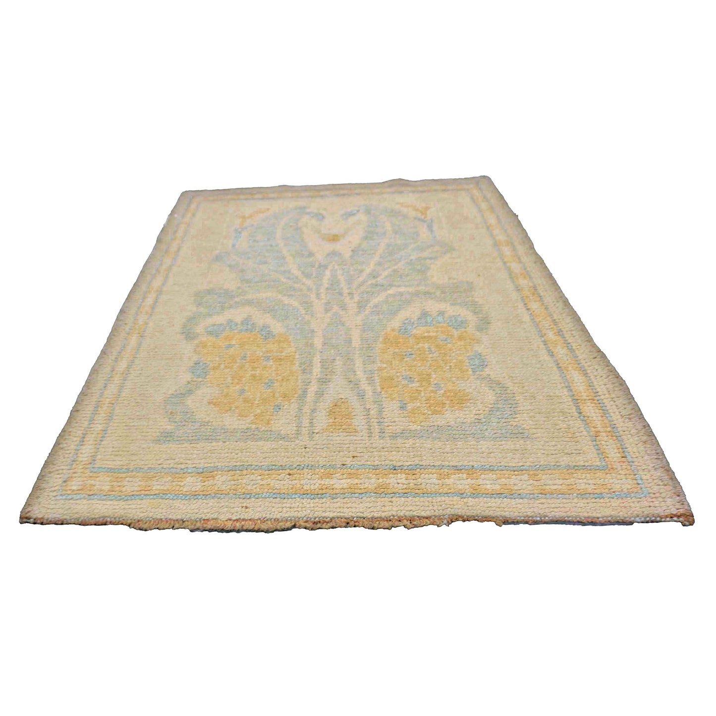 Turkish Donegal Wool & Hemp 3x4 Tan & Light Blue Handmade Throw Rug # 1141549