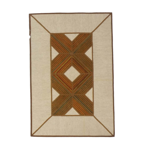 Turkish Retro Kilim Wool 3x5 Ivory & Brown Handmade Area Rug # 1142005