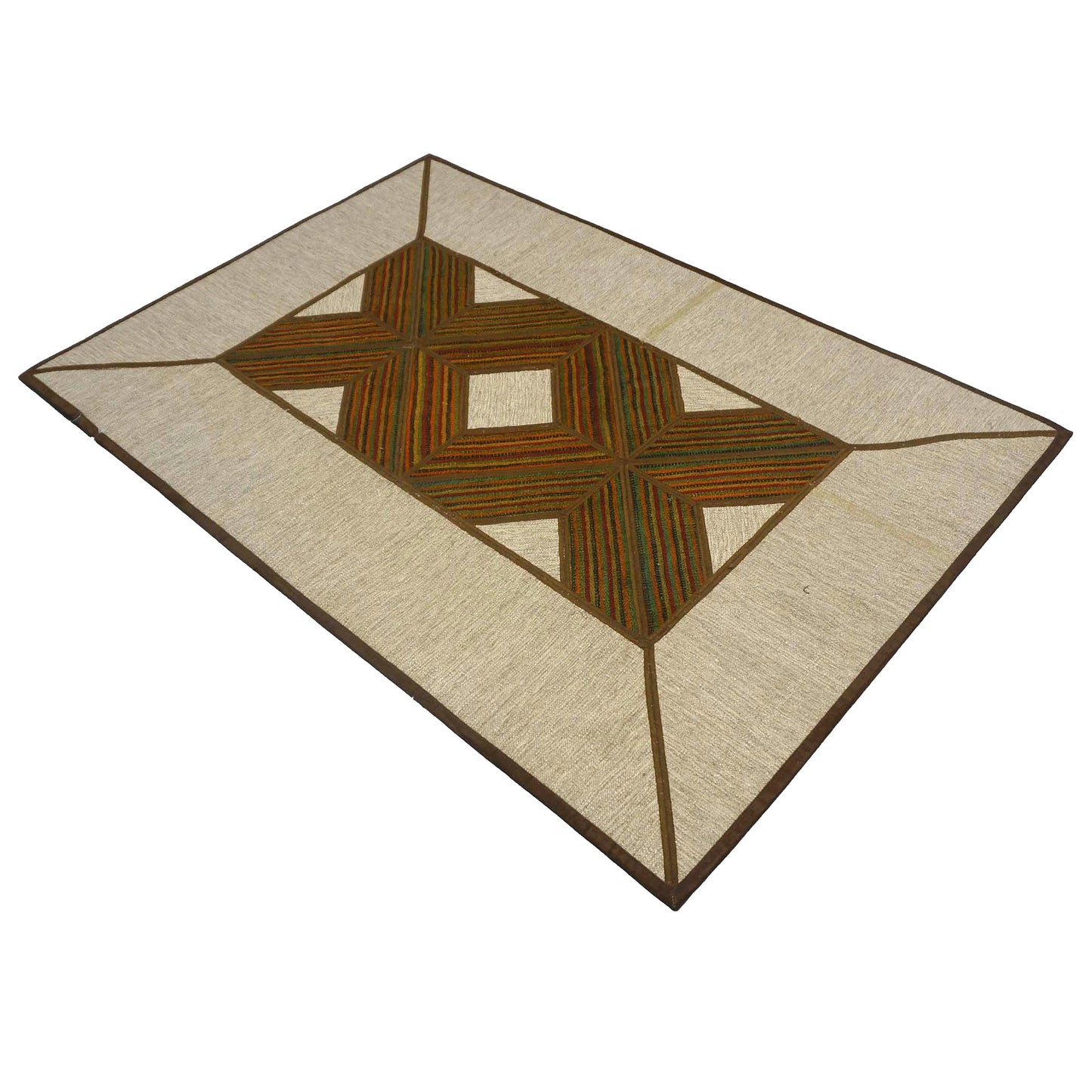 Turkish Retro Kilim Wool 3x5 Ivory & Brown Handmade Area Rug # 1142005
