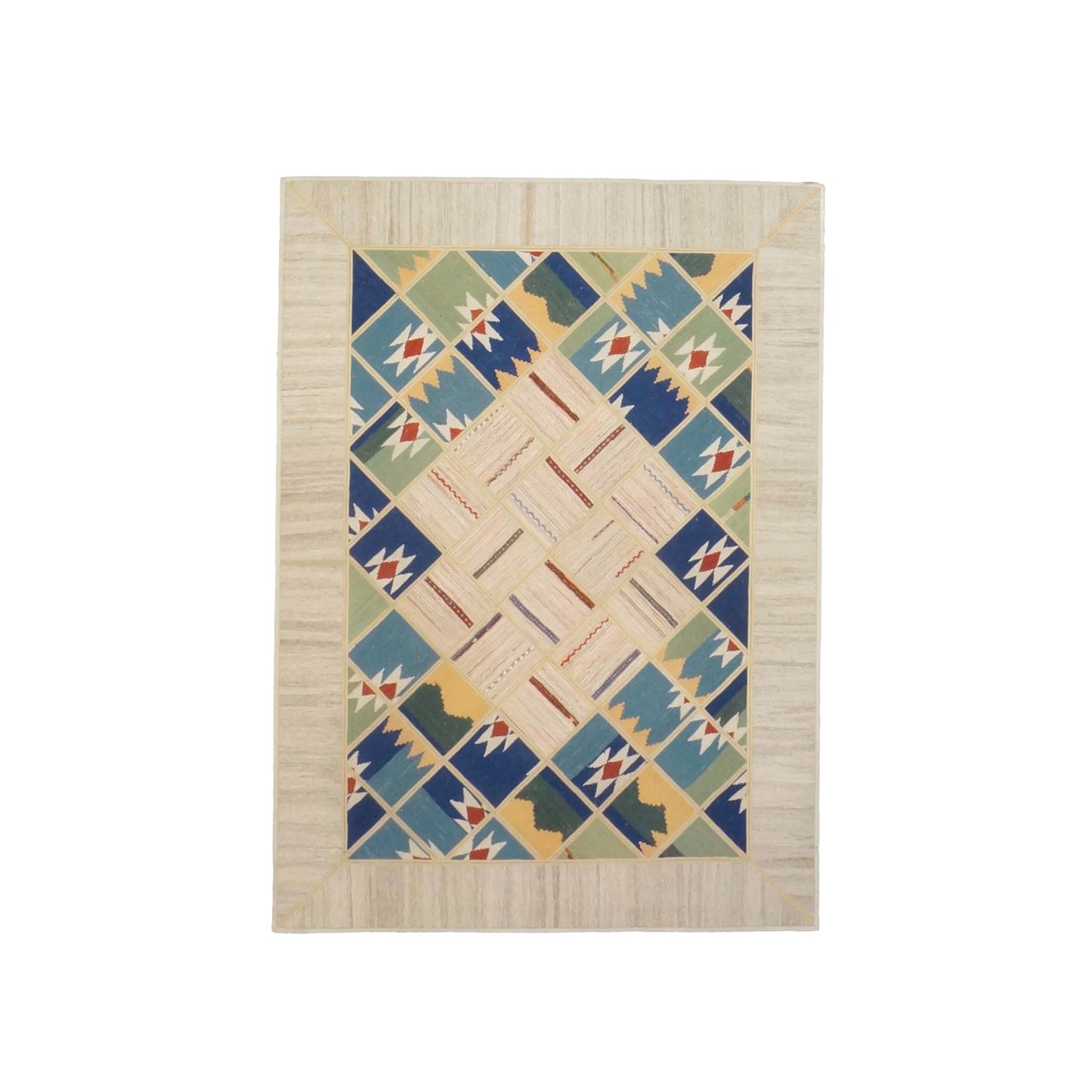 Turkish Retro Kilim Wool 5x7 Ivory, Blue & Green Handmade Area Rug # 1142014