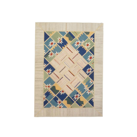 Turkish Retro Kilim Wool 5x7 Ivory, Blue & Green Handmade Area Rug # 1142014