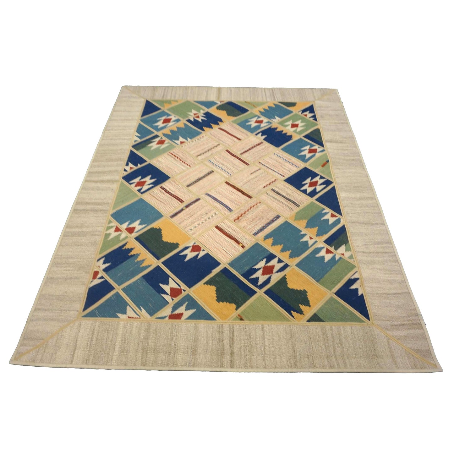 Turkish Retro Kilim Wool 5x7 Ivory, Blue & Green Handmade Area Rug # 1142014