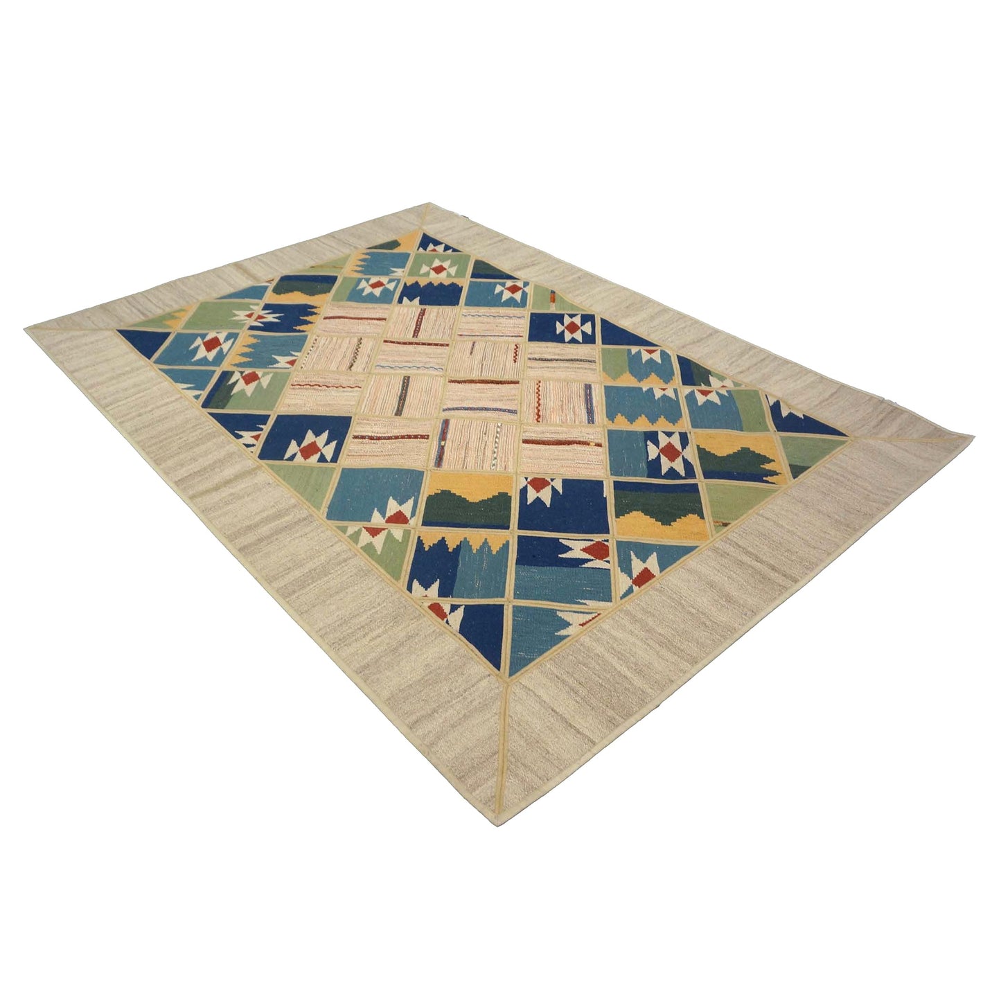 Turkish Retro Kilim Wool 5x7 Ivory, Blue & Green Handmade Area Rug # 1142014