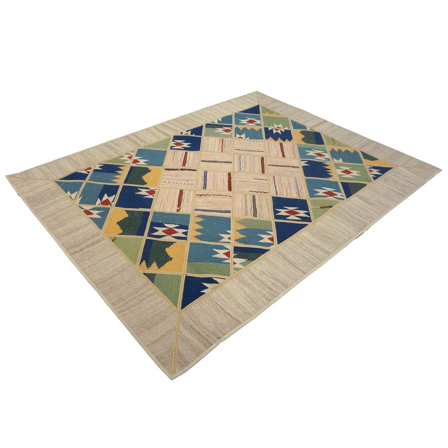 Turkish Retro Kilim Wool 5x7 Ivory, Blue & Green Handmade Area Rug # 1142014