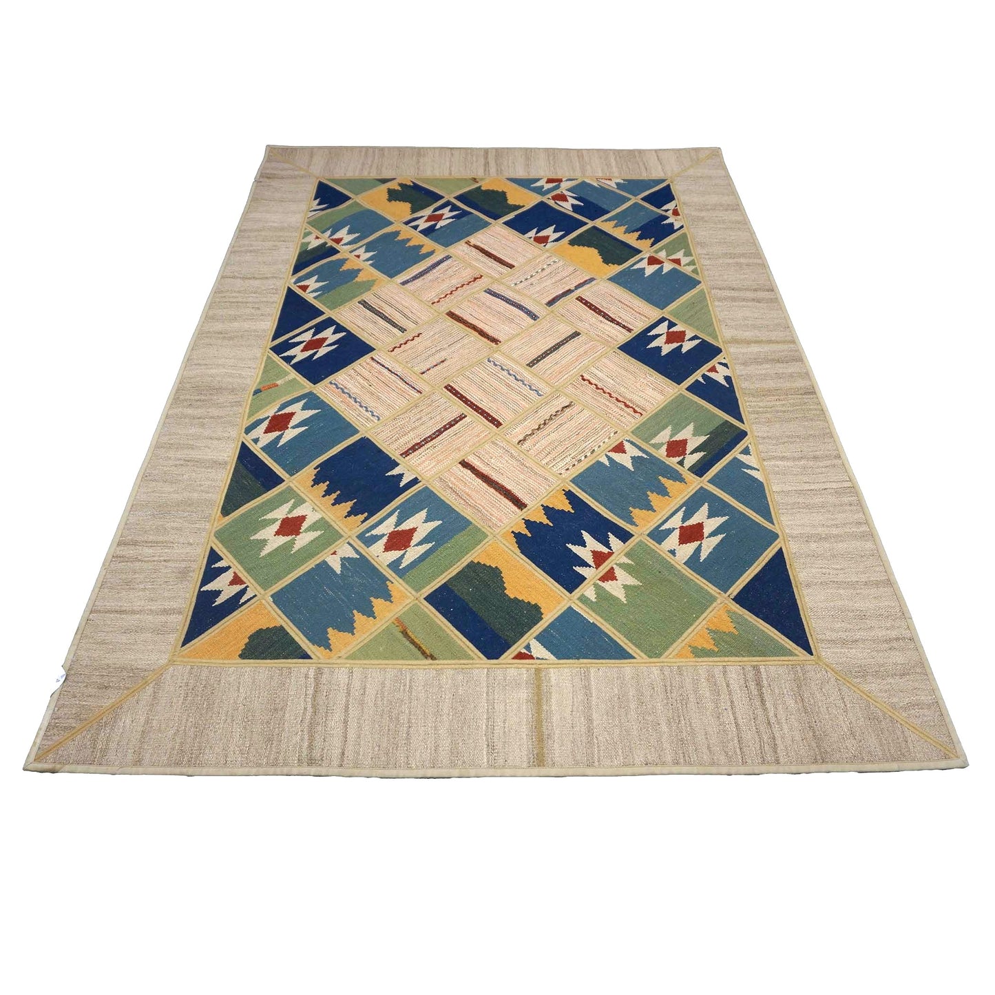 Turkish Retro Kilim Wool 5x7 Ivory, Blue & Green Handmade Area Rug # 1142014