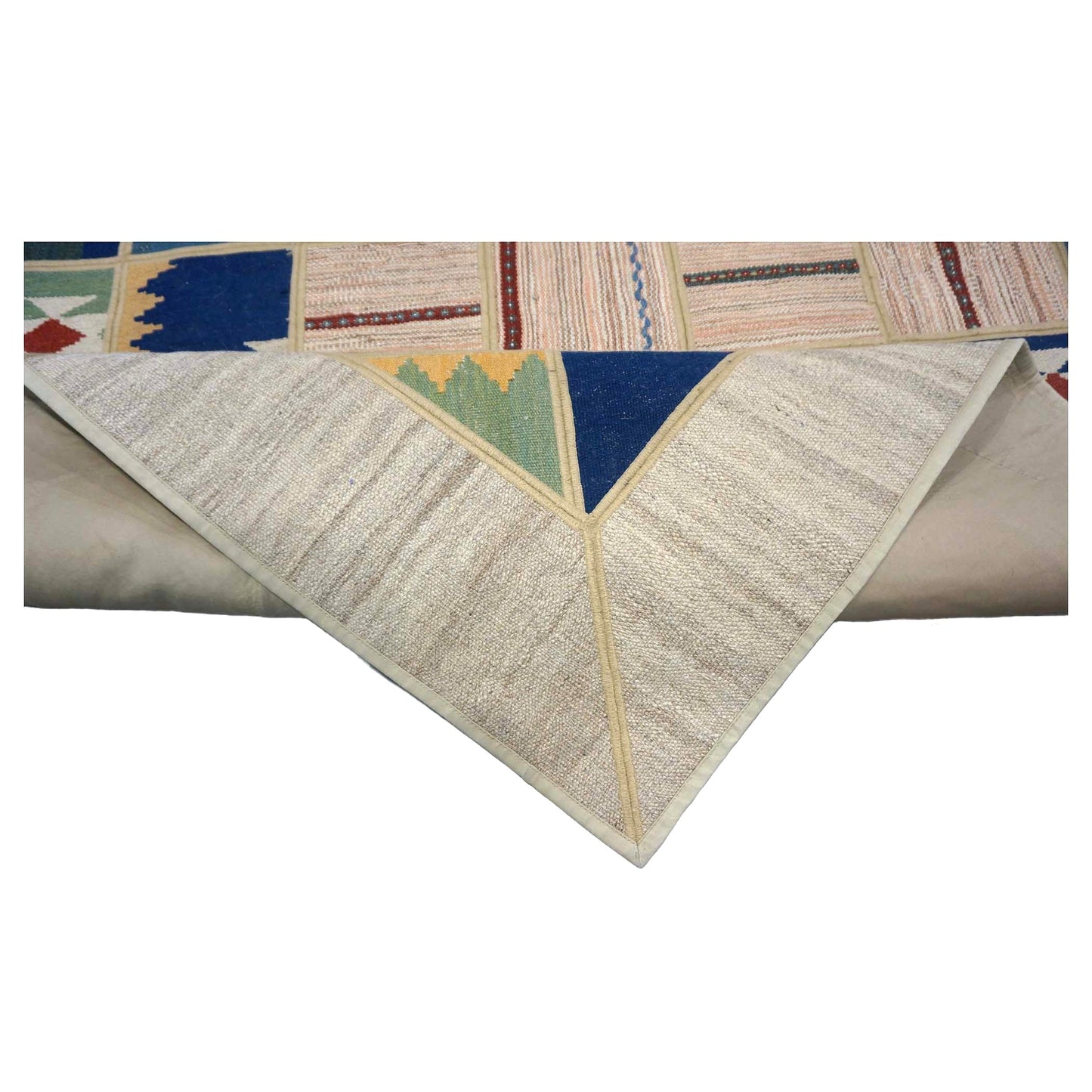 Turkish Retro Kilim Wool 5x7 Ivory, Blue & Green Handmade Area Rug # 1142014