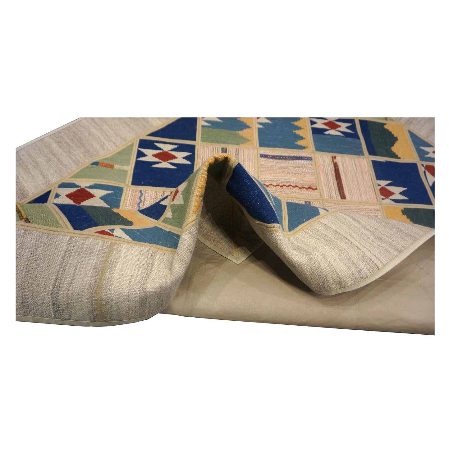 Turkish Retro Kilim Wool 5x7 Ivory, Blue & Green Handmade Area Rug # 1142014