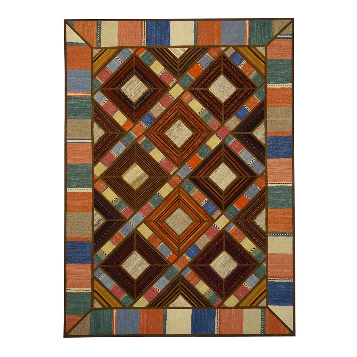 Turkish Retro Kilim Flatweave Wool 5X7 Blue, Green, Rust & Tan Handmade Area Rug #1142020