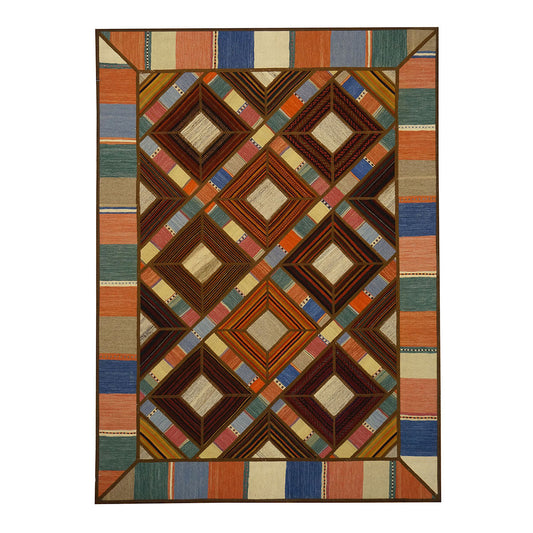 Turkish Retro Kilim Flatweave Wool 5X7 Blue, Green, Rust & Tan Handmade Area Rug #1142020