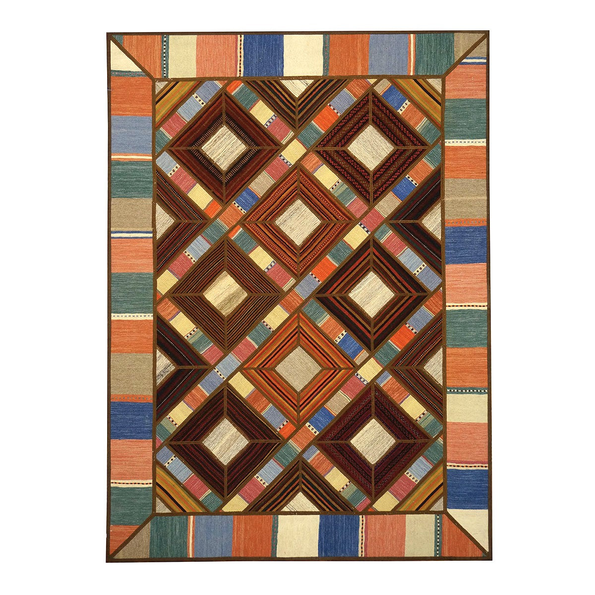 Turkish Retro Kilim Flatweave Wool 5X7 Brown, Blue, Green & Orange Handmade Area Rug #1142020