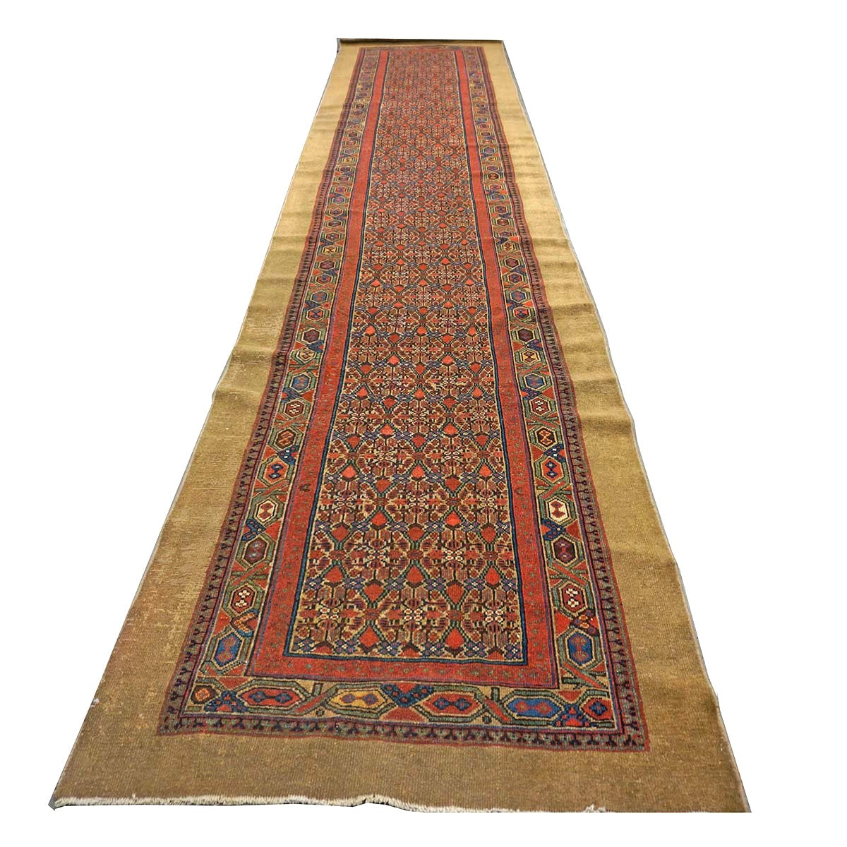 Antique Persian Sarab Wool 3x16 Rust, Blue & Camel Handmade Runner Rug #1142087