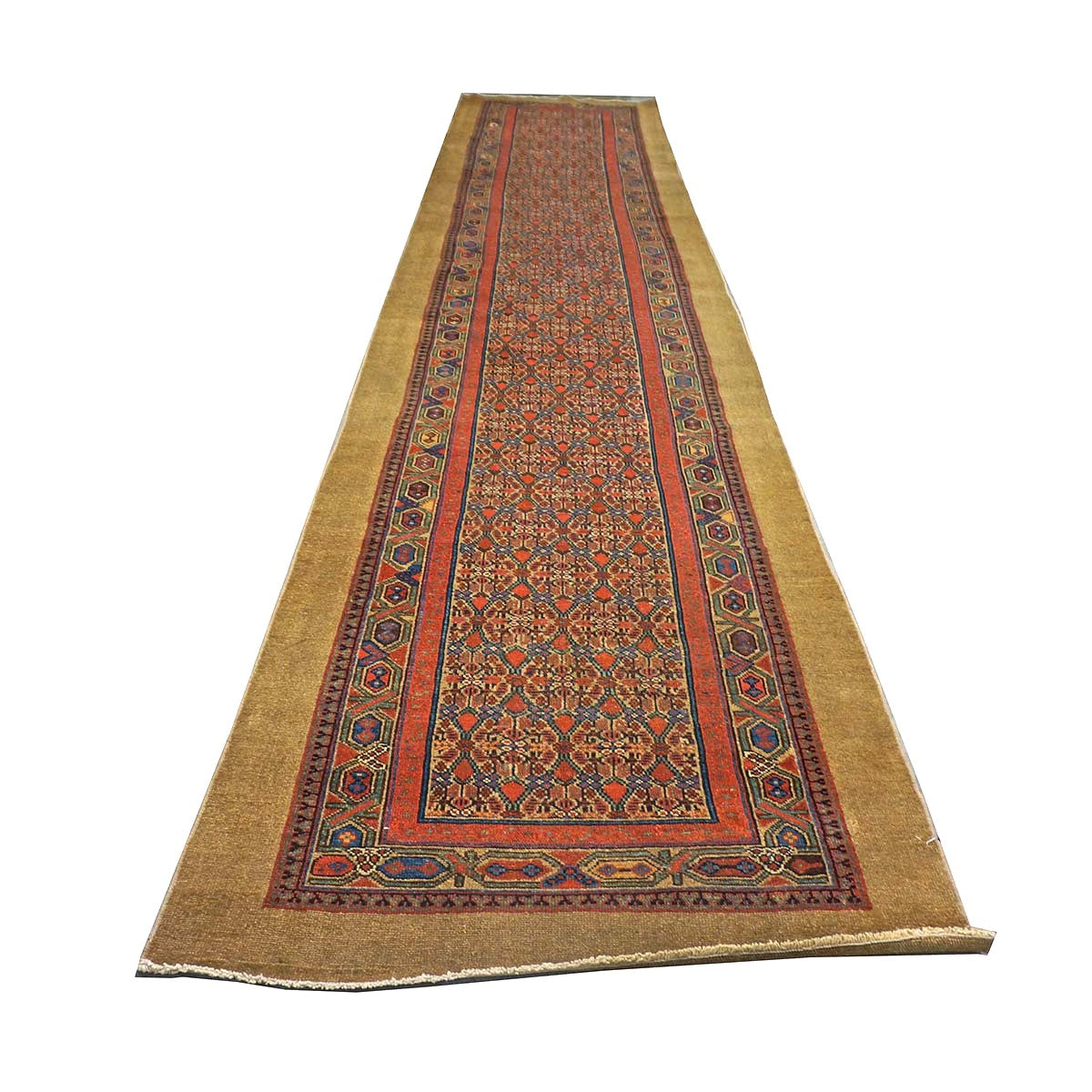 Antique Persian Sarab Wool 3x16 Rust, Blue & Camel Handmade Runner Rug #1142087