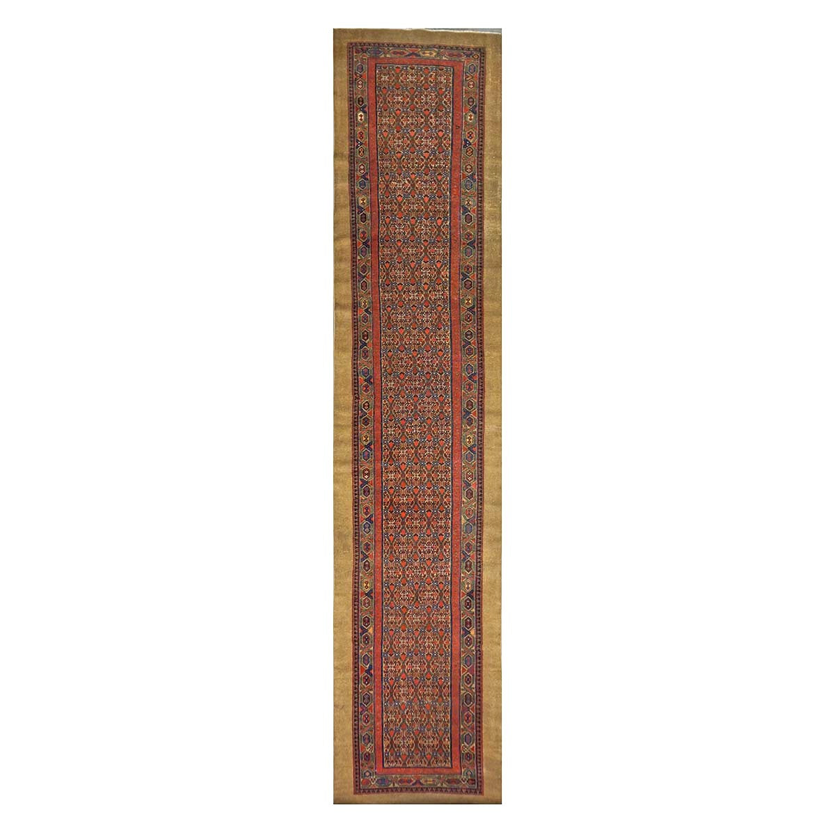 Antique Persian Sarab Wool 3x16 Rust, Blue & Camel Handmade Runner Rug #1142087