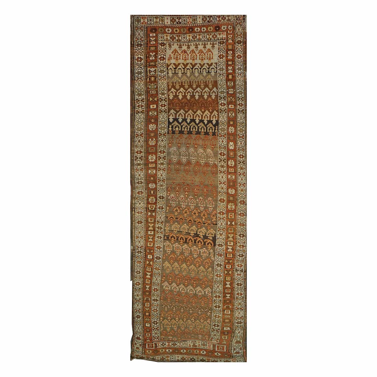 Antique Persian Azerbaijani Tribal Wool 4x12 Tan & Rust Handmade Gallery Rug #1142097