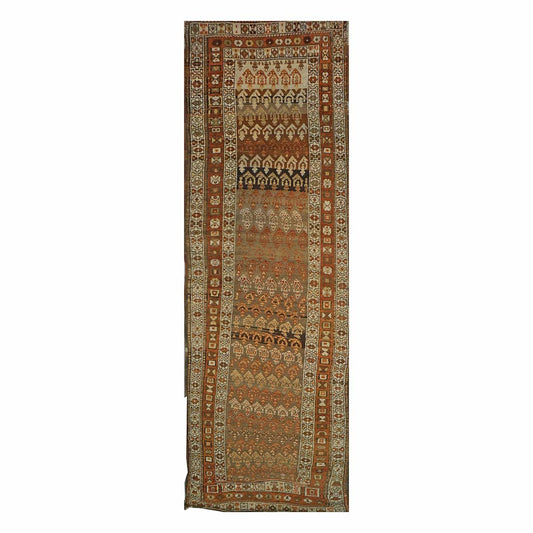 Antique Persian Azerbaijani Tribal Wool 4x12 Tan & Rust Handmade Gallery Rug #1142097