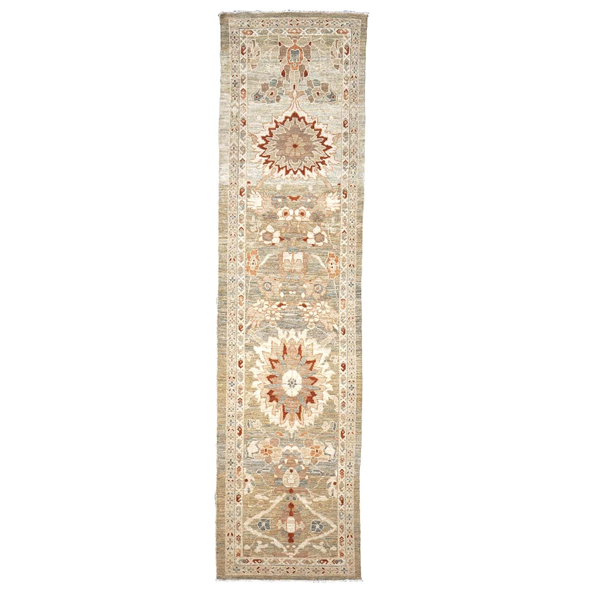Persian Sultanabad Wool 3x12 Khaki, Slate, & Rust Handmade Runner Rug #1142113