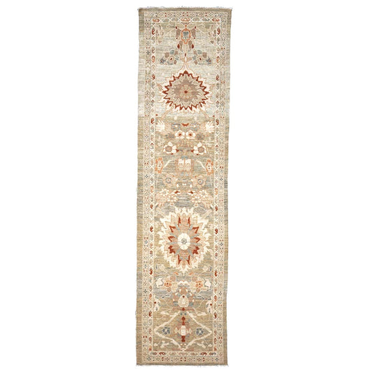 Persian Sultanabad Wool 3x12 Khaki, Slate, & Rust Handmade Runner Rug #1142113