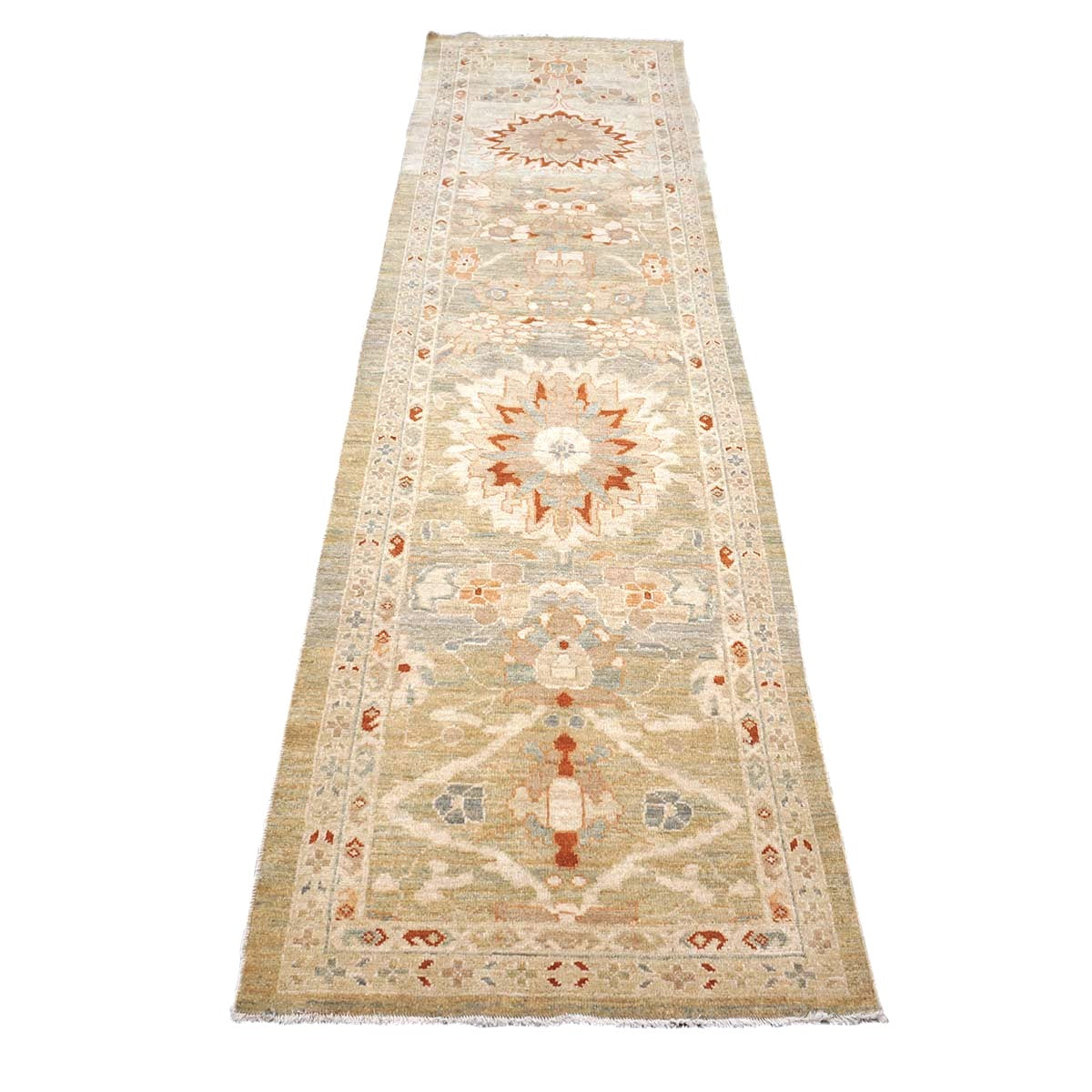 Persian Sultanabad Wool 3x12 Khaki, Slate, & Rust Handmade Runner Rug #1142113