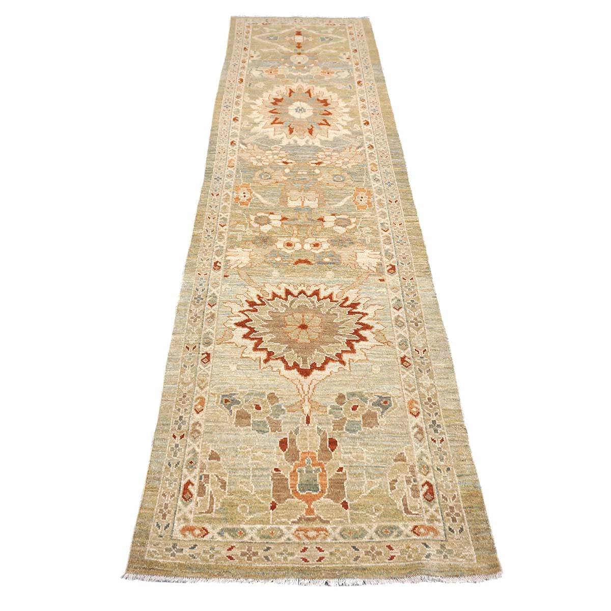 Persian Sultanabad Wool 3x12 Khaki, Slate, & Rust Handmade Runner Rug #1142113