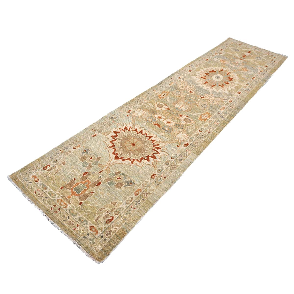 Persian Sultanabad Wool 3x12 Khaki, Slate, & Rust Handmade Runner Rug #1142113