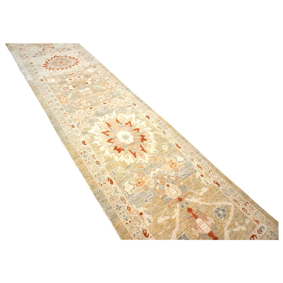 Persian Sultanabad Wool 3x12 Khaki, Slate, & Rust Handmade Runner Rug #1142113