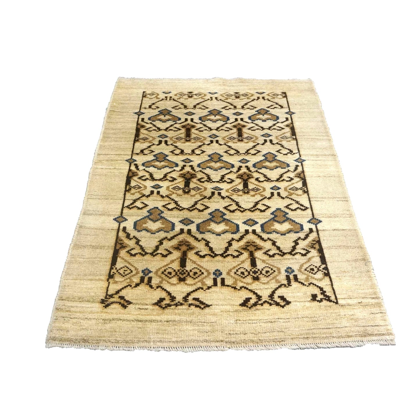 Turkish Gabbeh Recreation Wool 3x4 Ivory & Brown Handmade Throw Rug # 1142127