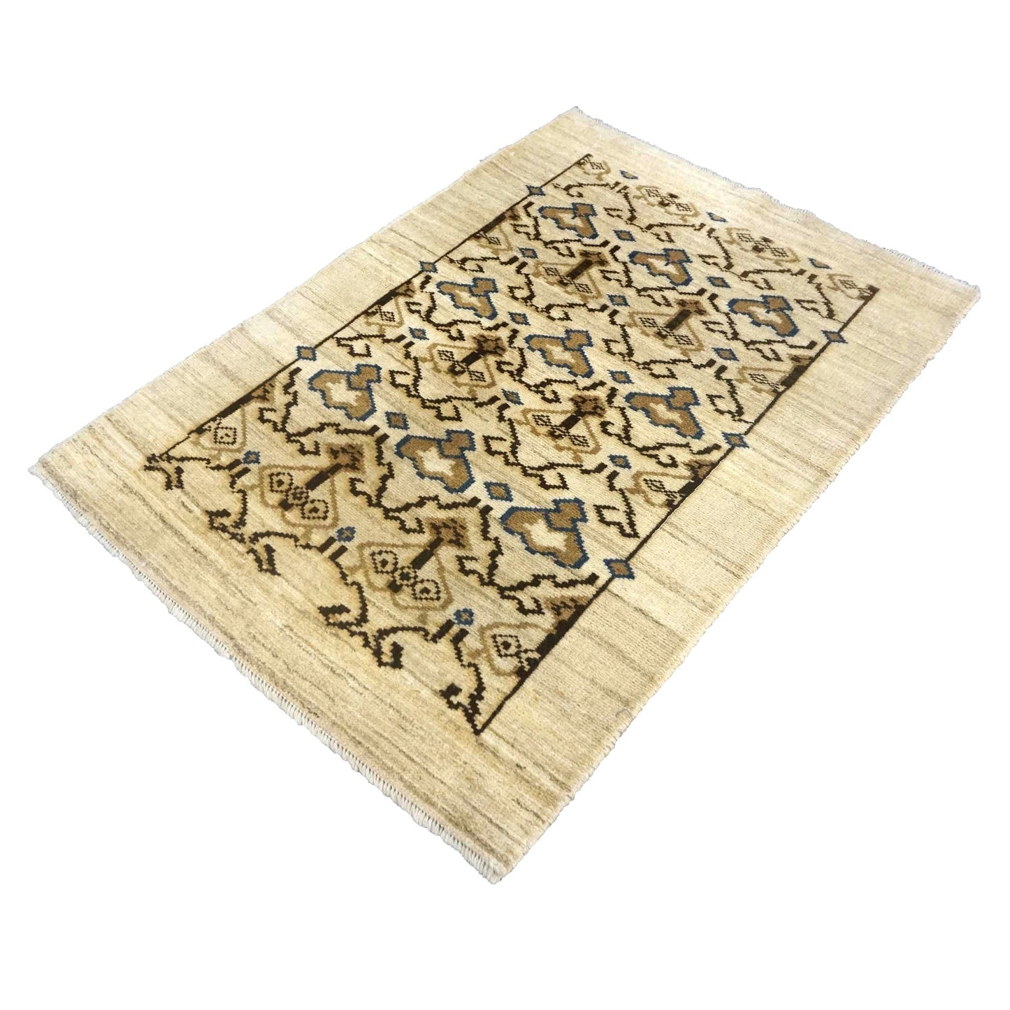 Turkish Gabbeh Recreation Wool 3x4 Ivory & Brown Handmade Throw Rug # 1142127