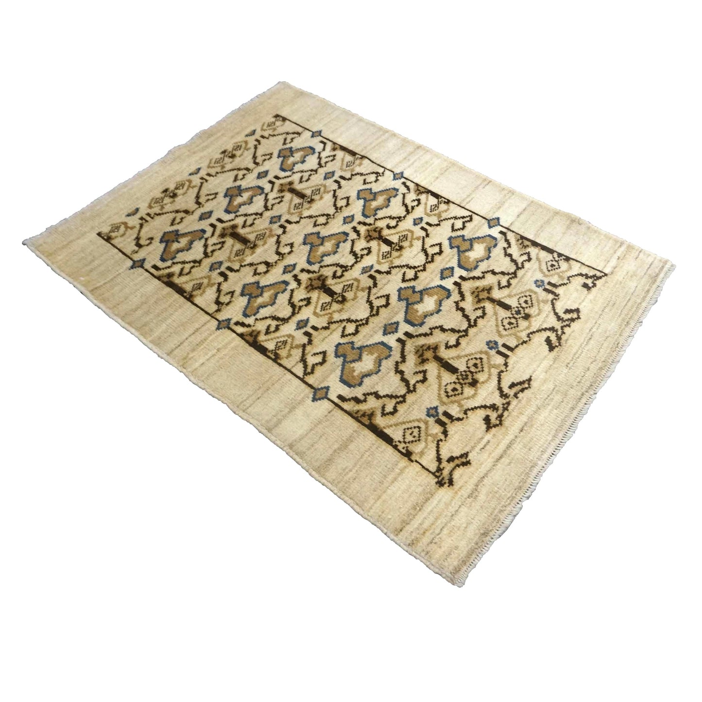 Turkish Gabbeh Recreation Wool 3x4 Ivory & Brown Handmade Throw Rug # 1142127