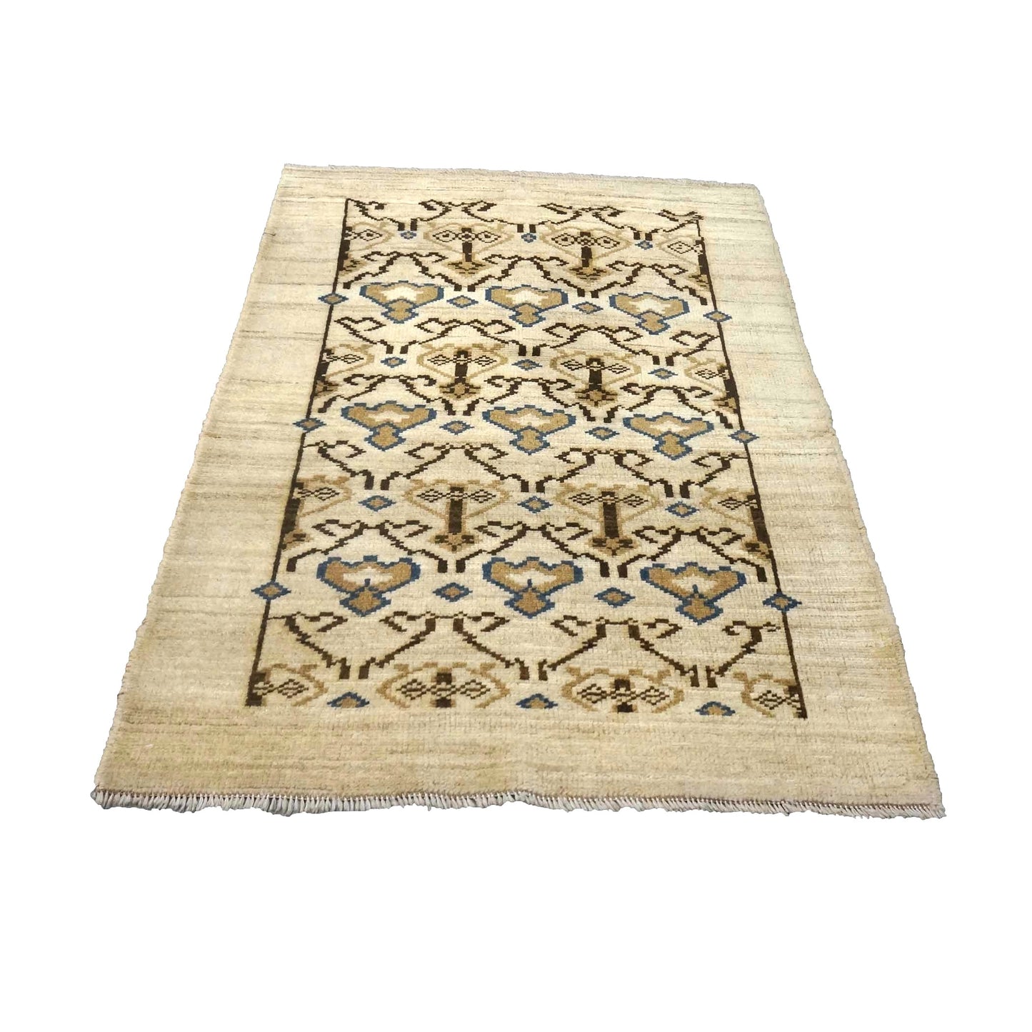 Turkish Gabbeh Recreation Wool 3x4 Ivory & Brown Handmade Throw Rug # 1142127