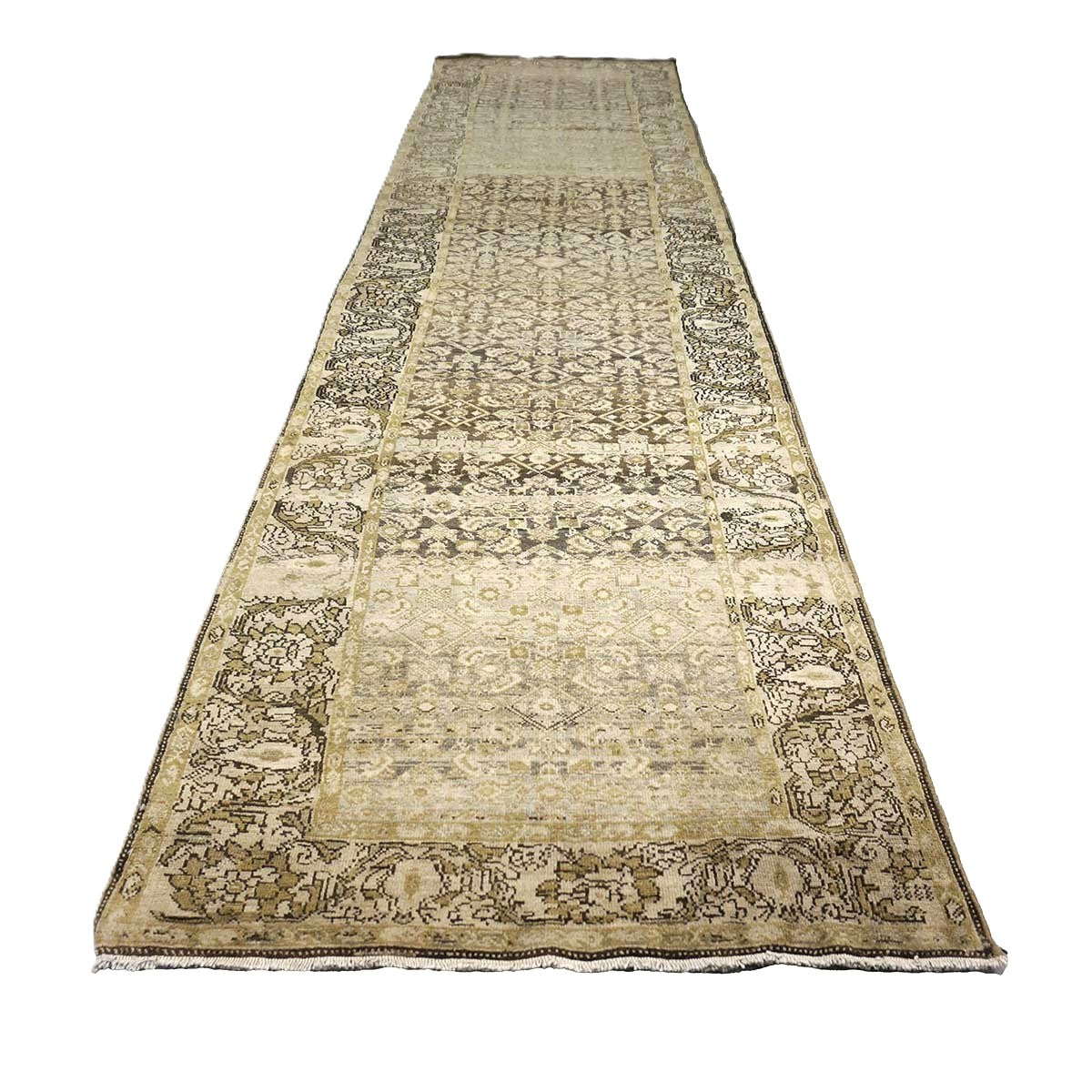 Antique Persian Malayer Wool 4x16 Taupe, Brown & Black Handmade Gallery Rug #1142311