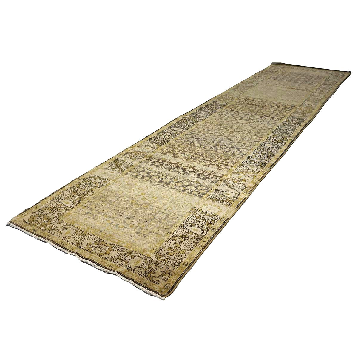Antique Persian Malayer Wool 4x16 Taupe, Brown & Black Handmade Gallery Rug #1142311