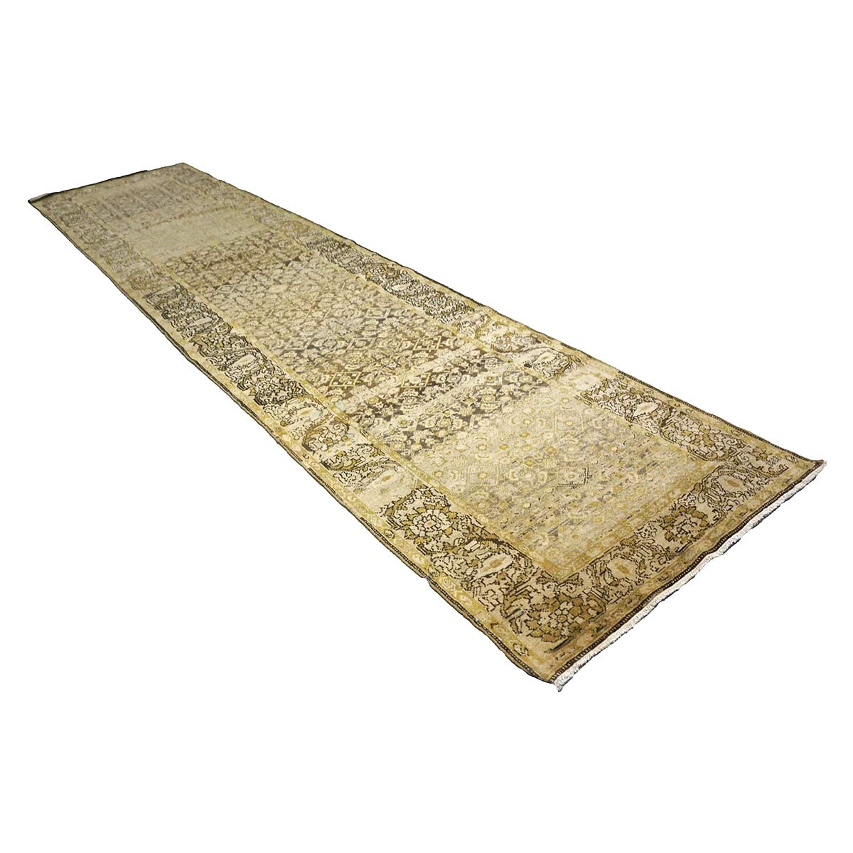 Antique Persian Malayer Wool 4x16 Taupe, Brown & Black Handmade Gallery Rug #1142311