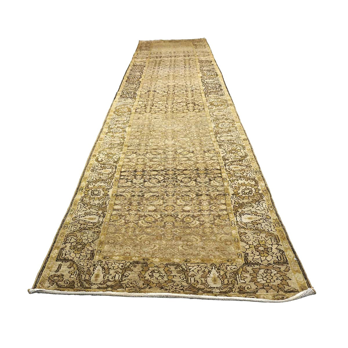 Antique Persian Malayer Wool 4x16 Taupe, Brown & Black Handmade Gallery Rug #1142311