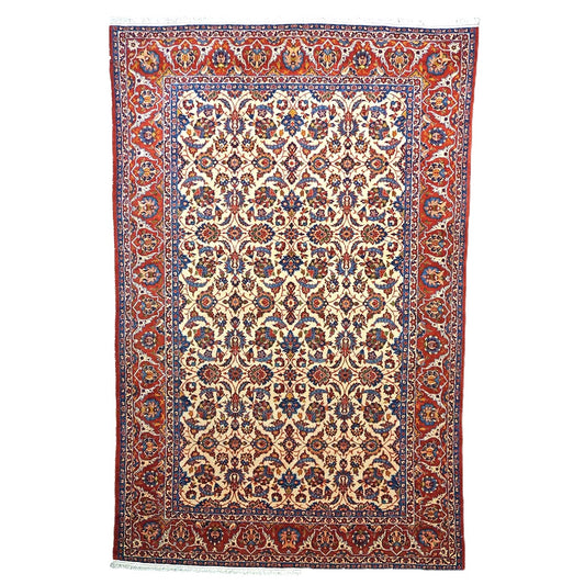 Vintage Persian Isfahan Wool 7x10 Red, Ivory & Blue Handmade Area Rug #1142334