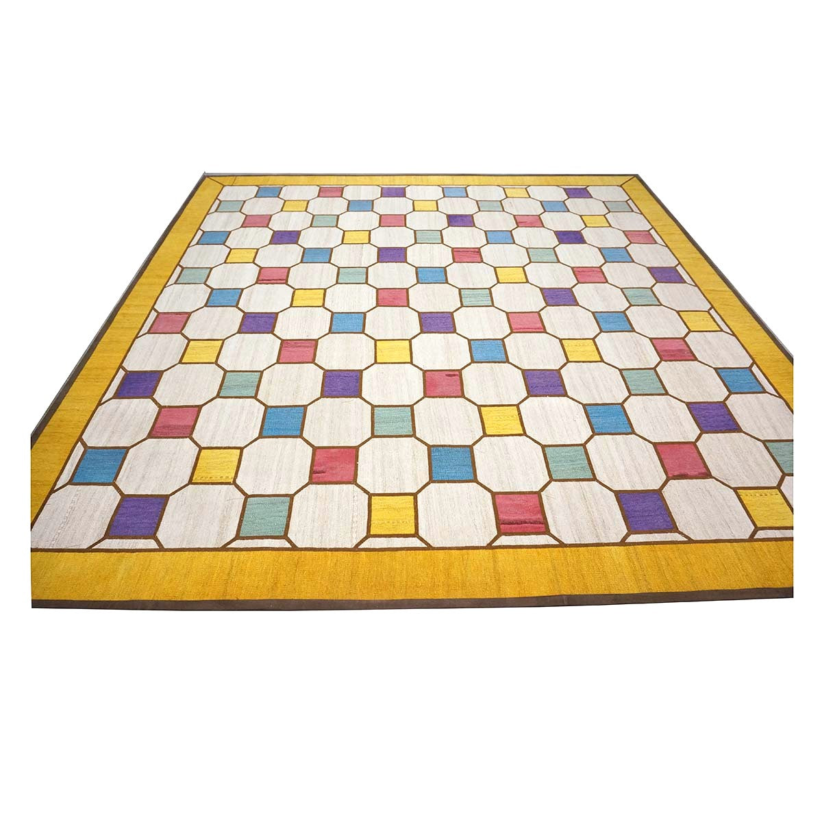 Turkish Retro Kilim Flatweave Wool 10x10 Ivory & Yellow Handmade Square Area Rug #1142358