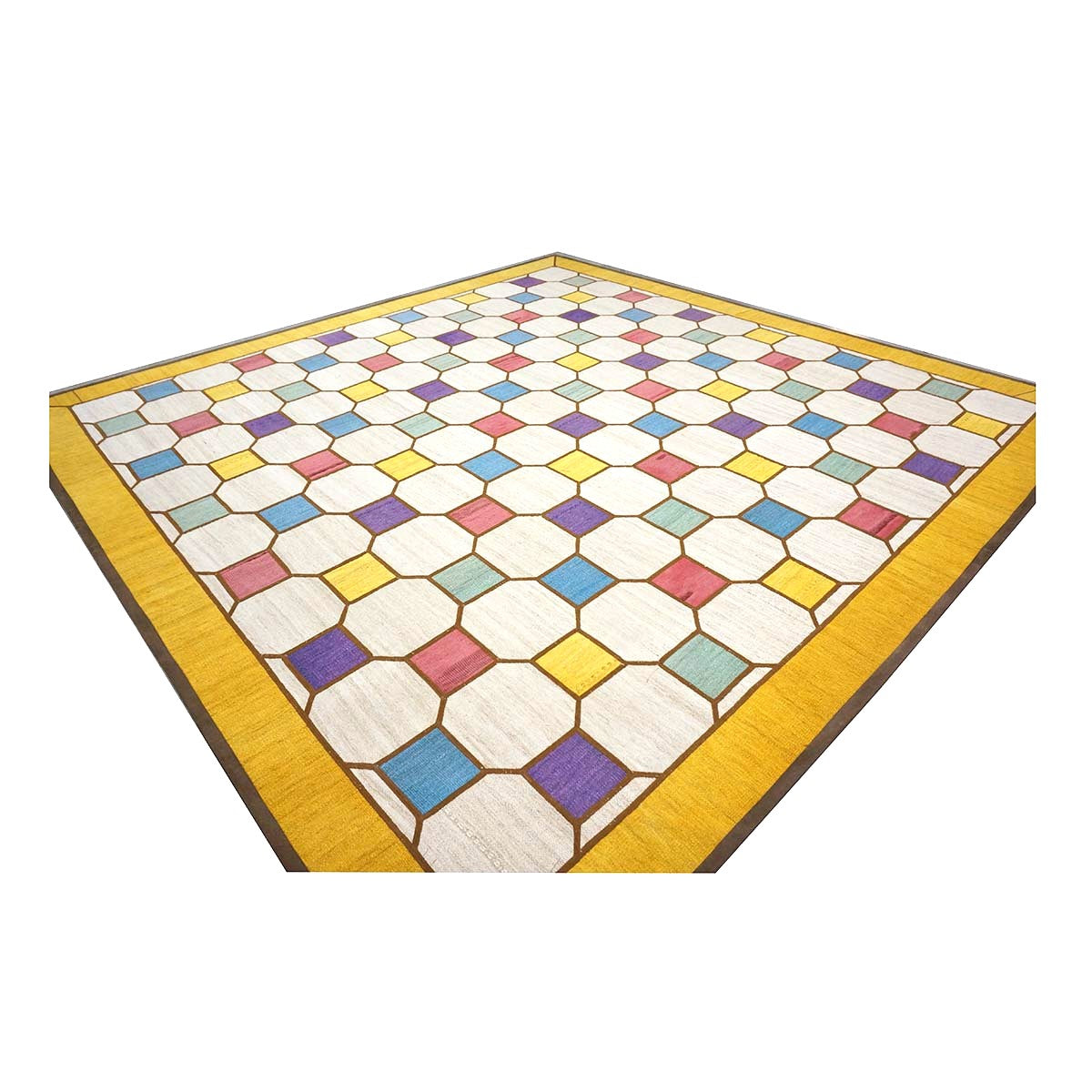 Turkish Retro Kilim Flatweave Wool 10x10 Ivory & Yellow Handmade Square Area Rug #1142358