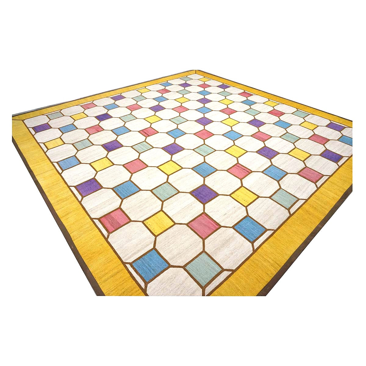 Turkish Retro Kilim Flatweave Wool 10x10 Ivory & Yellow Handmade Square Area Rug #1142358