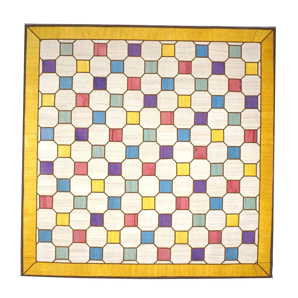 Turkish Retro Kilim Flatweave Wool 10x10 Ivory & Yellow Handmade Square Area Rug #1142358