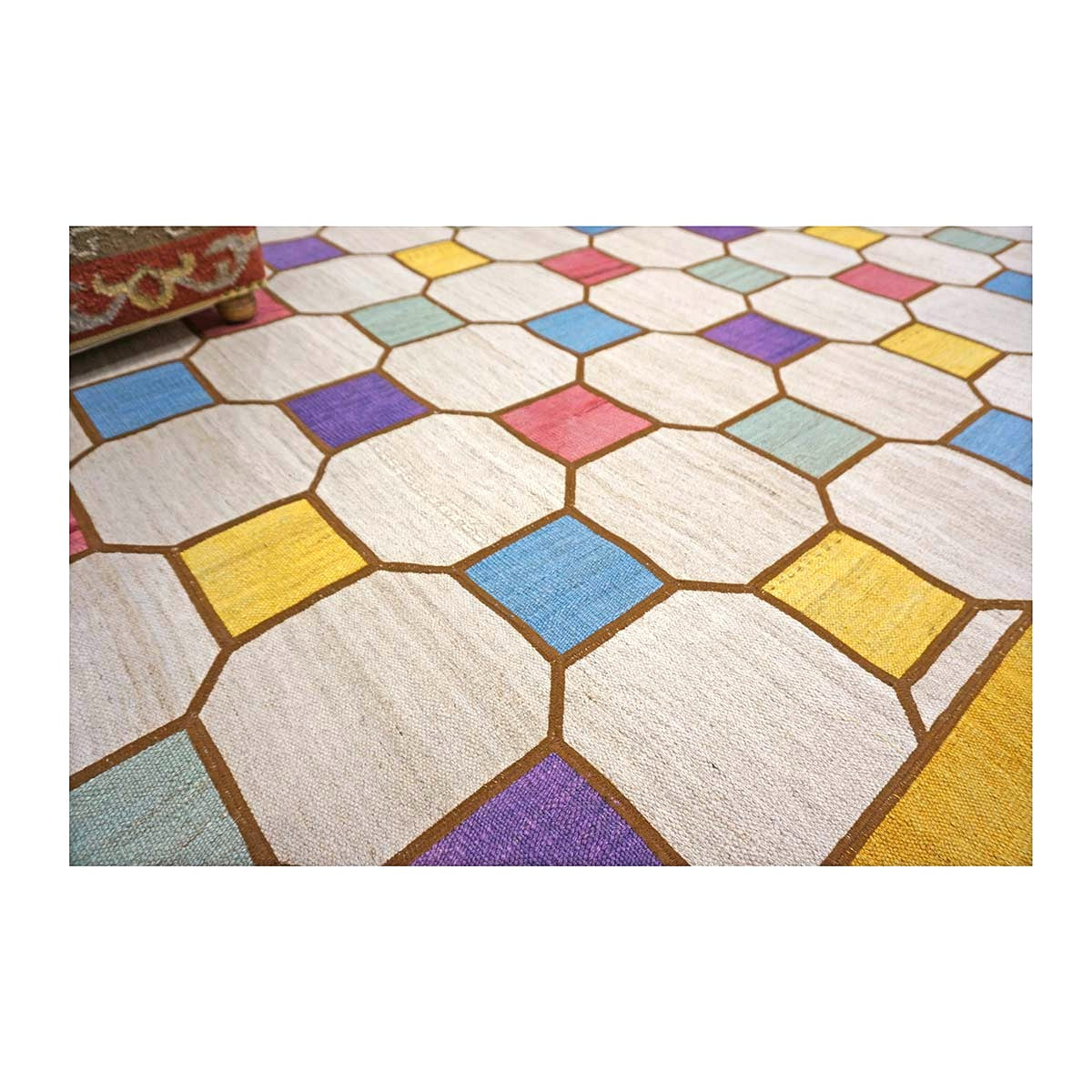Turkish Retro Kilim Flatweave Wool 10x10 Ivory & Yellow Handmade Square Area Rug #1142358