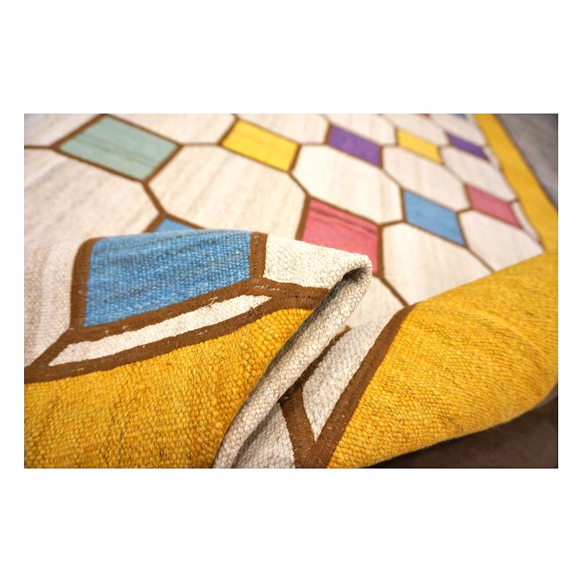Turkish Retro Kilim Flatweave Wool 10x10 Ivory & Yellow Handmade Square Area Rug #1142358