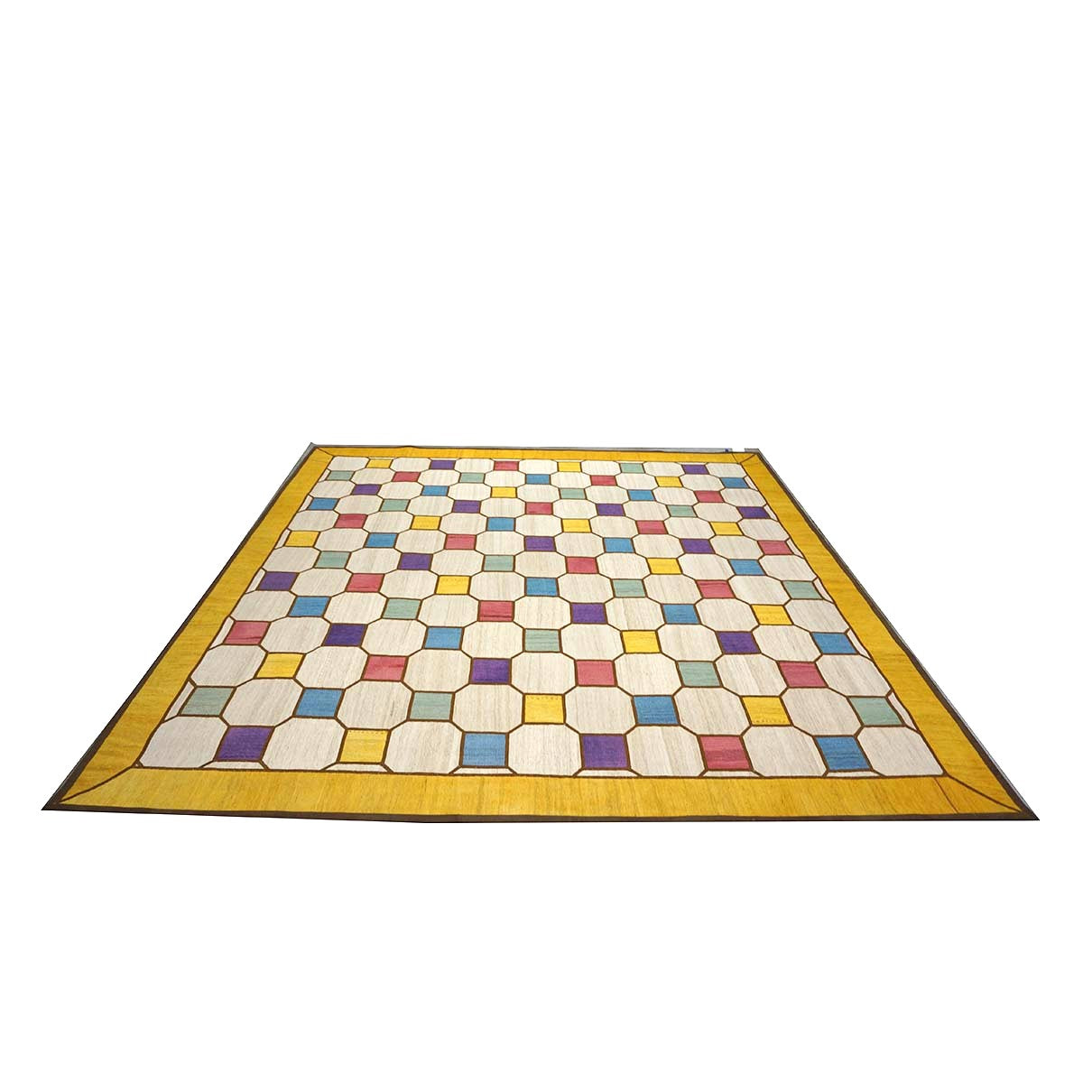 Turkish Retro Kilim Flatweave Wool 10x10 Ivory & Yellow Handmade Square Area Rug #1142358