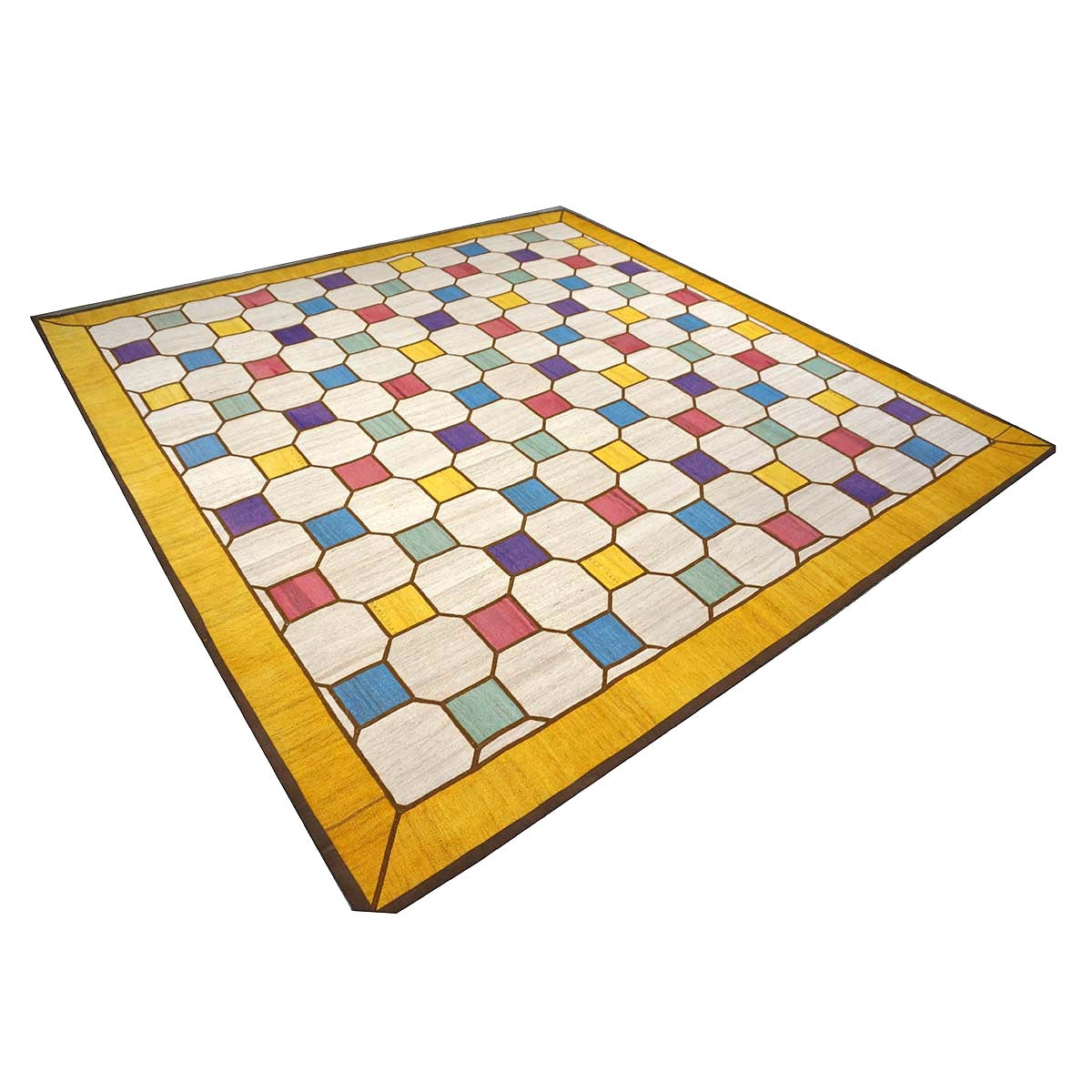 Turkish Retro Kilim Flatweave Wool 10x10 Ivory & Yellow Handmade Square Area Rug #1142358