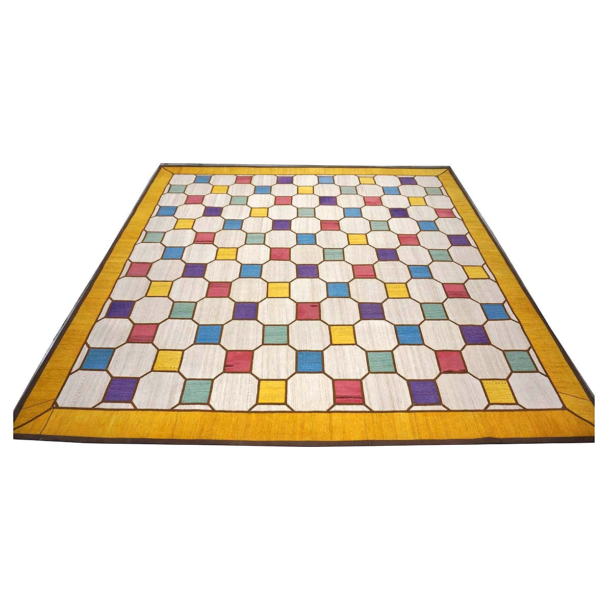 Turkish Retro Kilim Flatweave Wool 10x10 Ivory & Yellow Handmade Square Area Rug #1142358