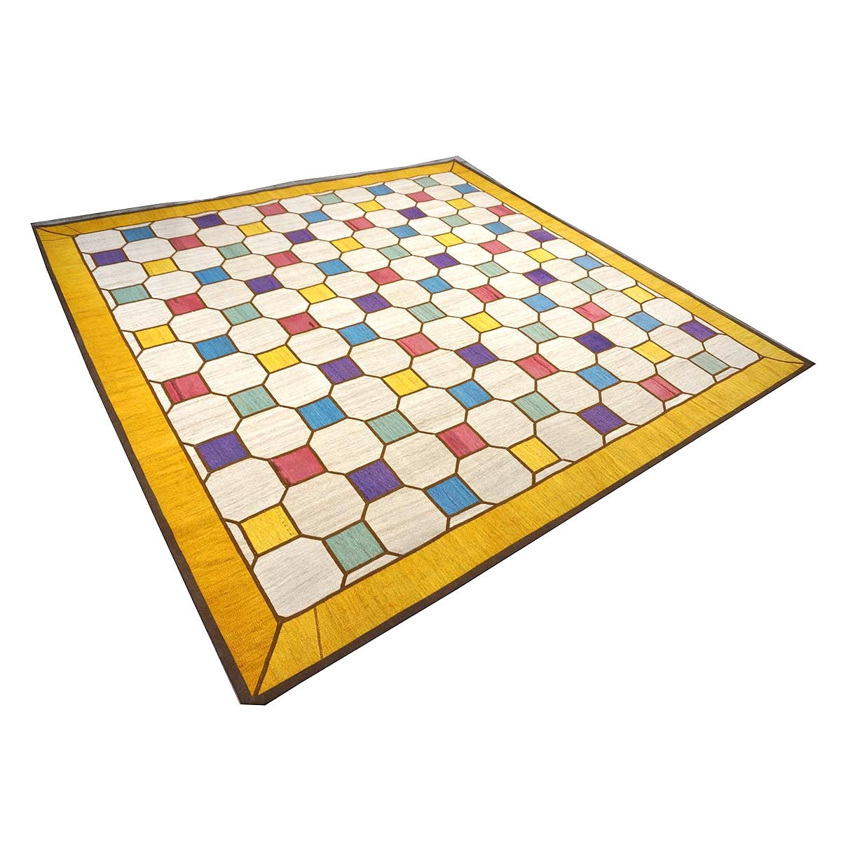 Turkish Retro Kilim Flatweave Wool 10x10 Ivory & Yellow Handmade Square Area Rug #1142358