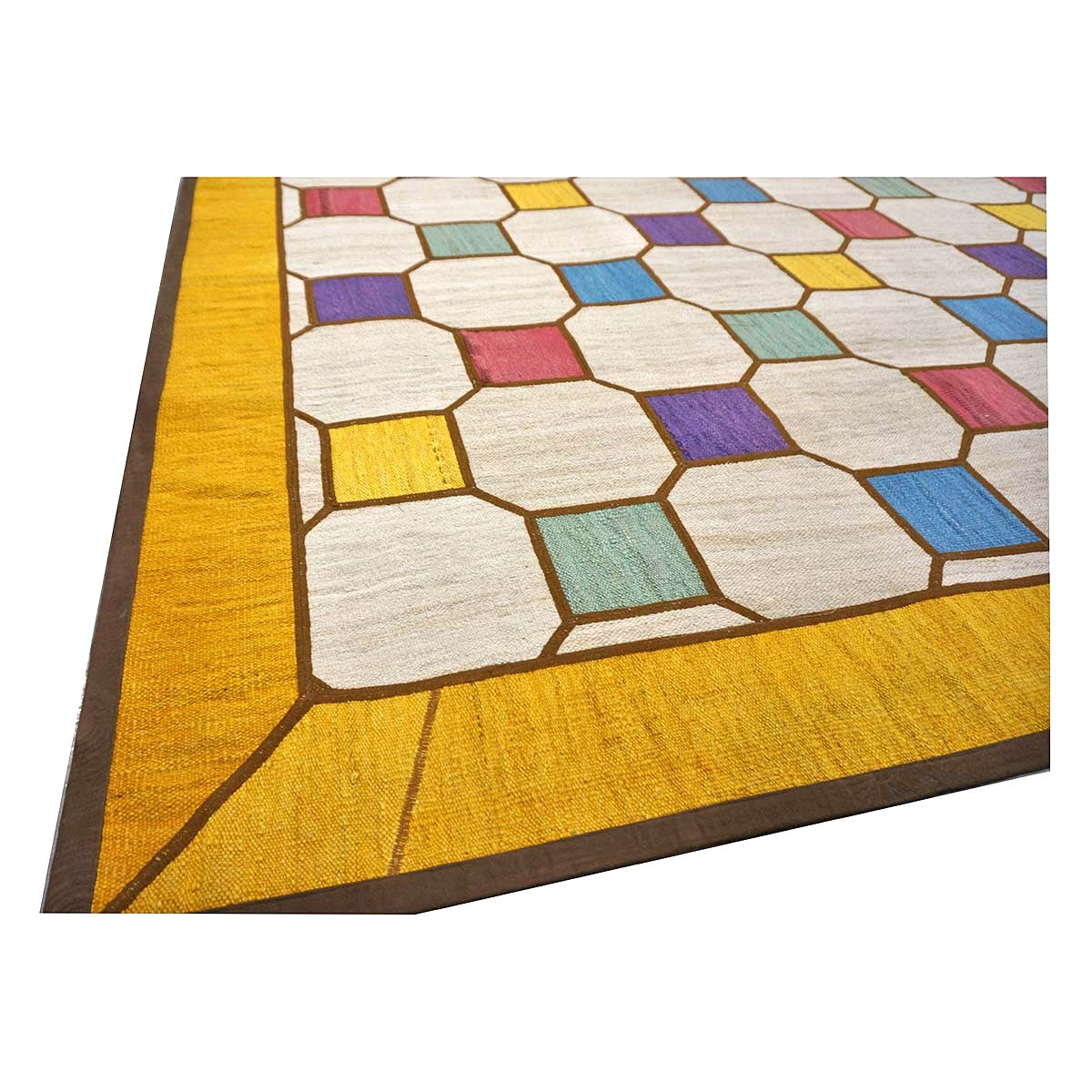 Turkish Retro Kilim Flatweave Wool 10x10 Ivory & Yellow Handmade Square Area Rug #1142358