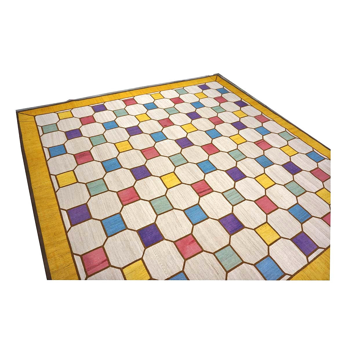 Turkish Retro Kilim Flatweave Wool 10x10 Ivory & Yellow Handmade Square Area Rug #1142358