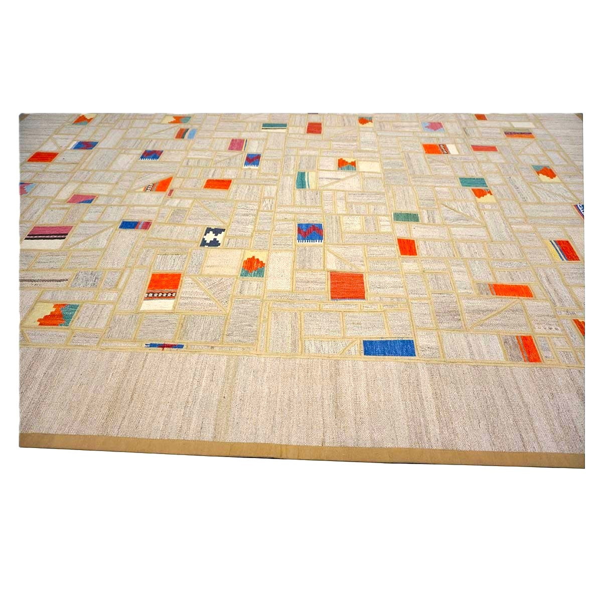 Turkish Retro Kilim Flatweave Wool 9x12 Tan & Multicolored Handmade Area Rug #1142360