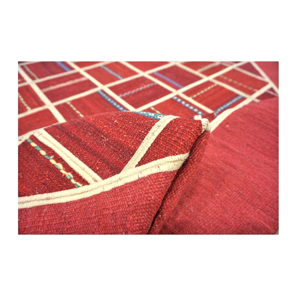 Turkish Retro Kilim Flatweave Wool 9x12 Red & Ivory Handmade Area Rug #1142375