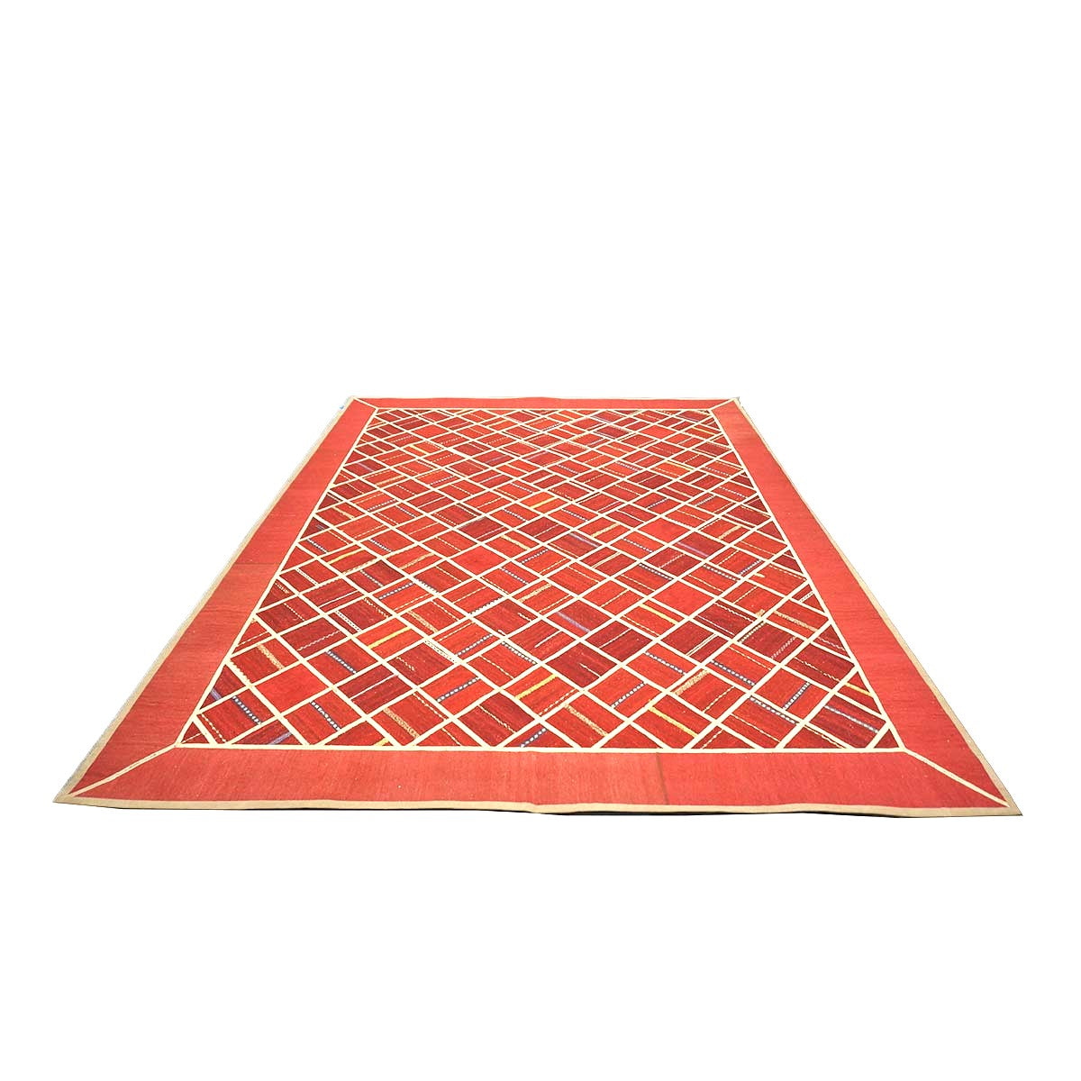 Turkish Retro Kilim Flatweave Wool 9x12 Red & Ivory Handmade Area Rug #1142375